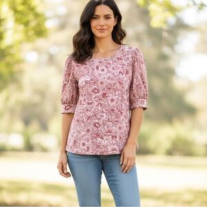 Kim & Cami Rose Floral Puff-Sleeve Blouse Size Small